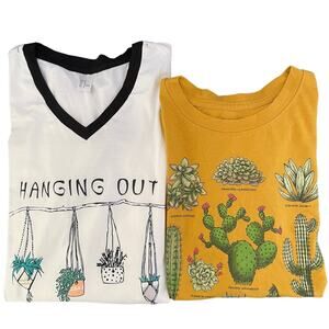 Bundle of Two Plant T Shirts Women Medium Graphic Tee Yellow White Cactus Tees